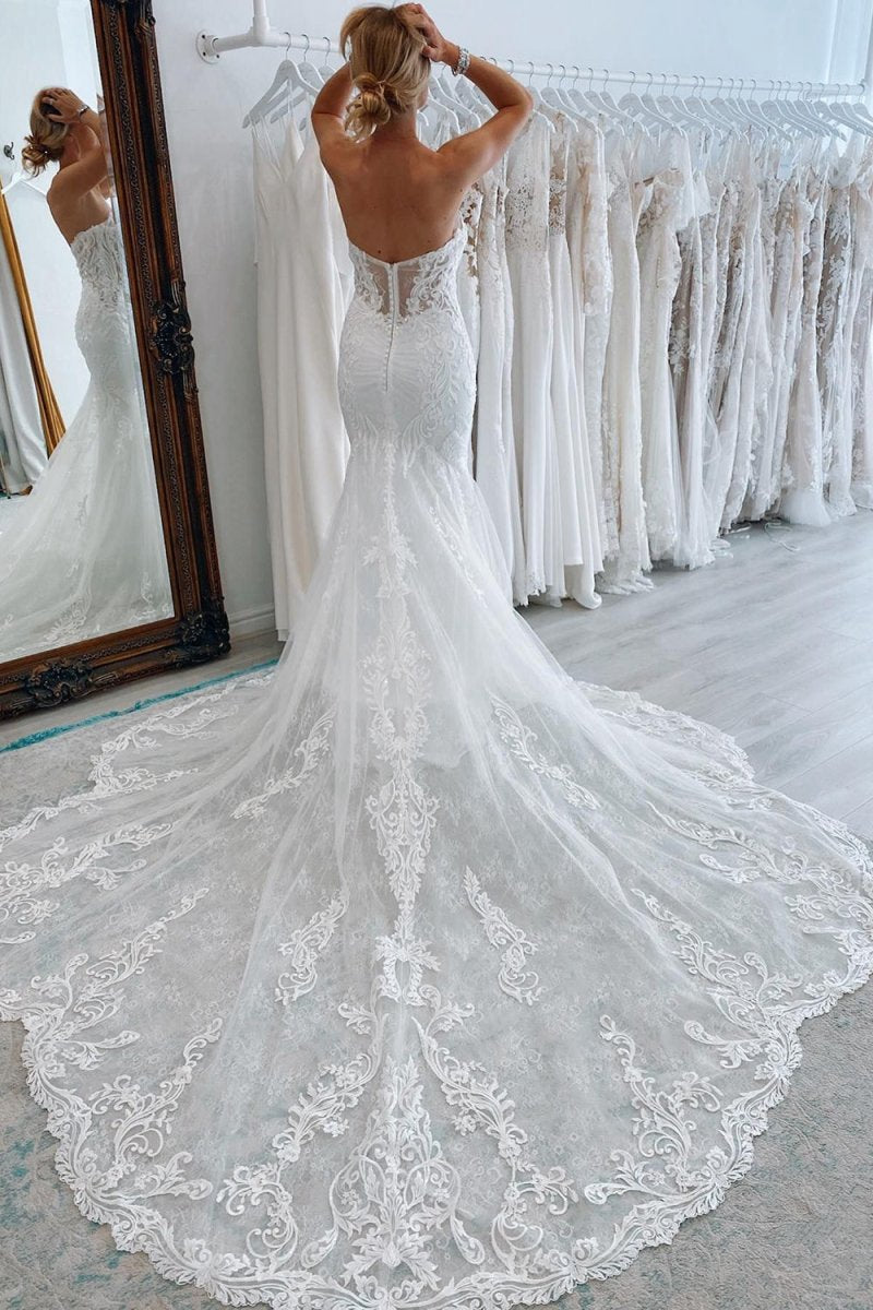 Long Tulle Mermaid Wedding Dresses with Lace Appliques