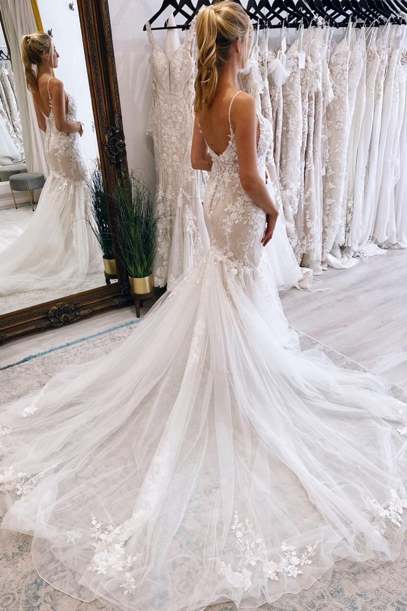 Mermaid Tulle Spaghetti Straps Long Wedding Dresses