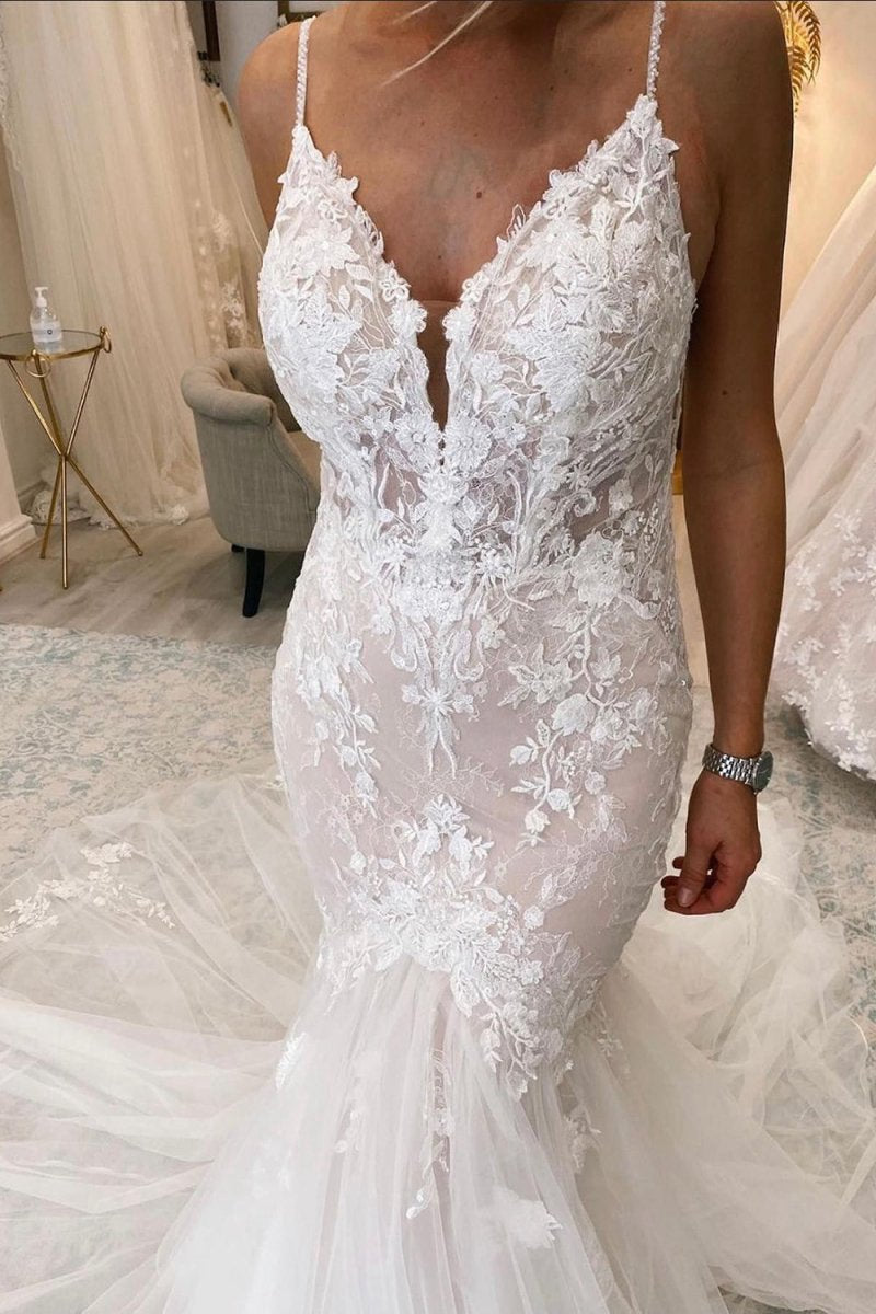 Mermaid Tulle Spaghetti Straps Long Wedding Dresses