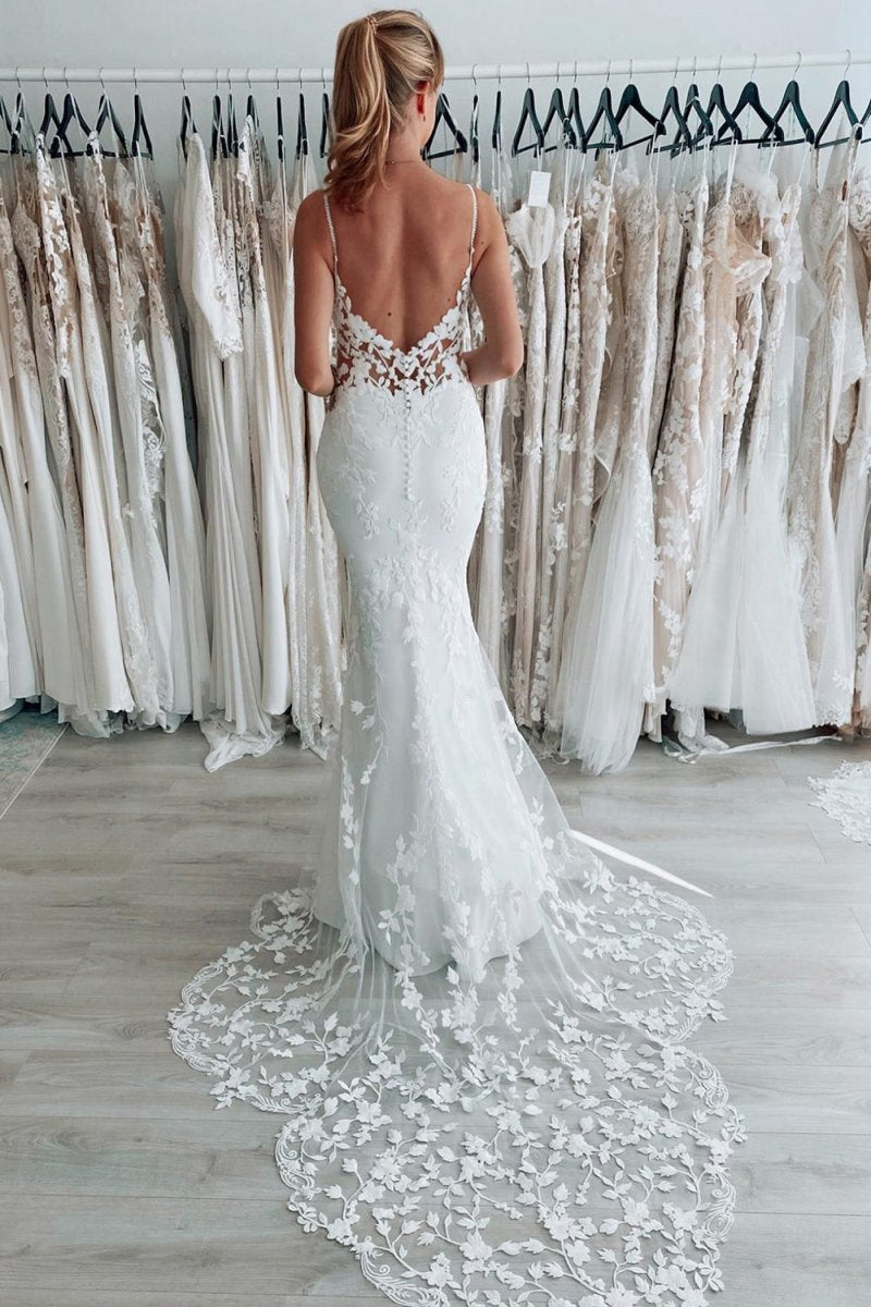 Spaghetti Straps Backless Long Wedding Dresses with Lace