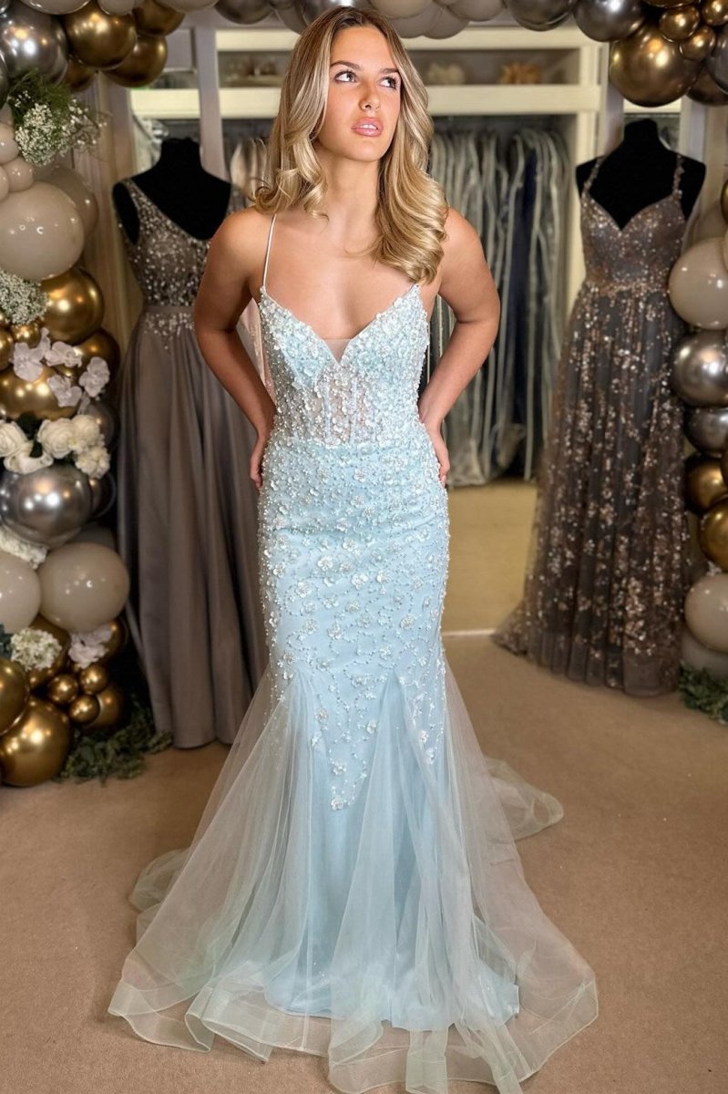 Floral Appliques V-Neck Lace-Up Long Gown