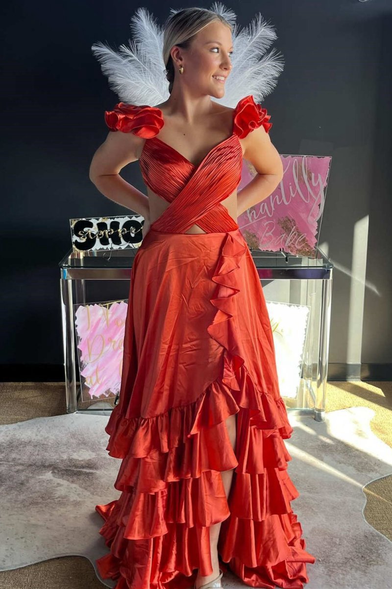 Cutout Ruffle A-line Long Prom Dresses with Slit