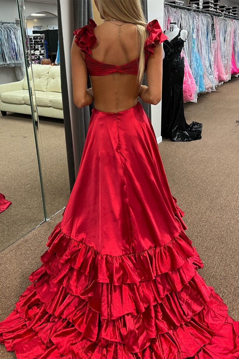 Cutout Ruffle A-line Long Prom Dresses with Slit