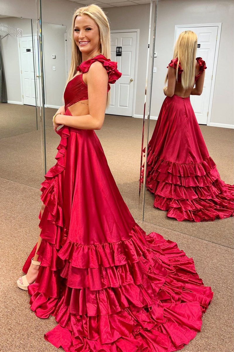 Cutout Ruffle A-line Long Prom Dresses with Slit