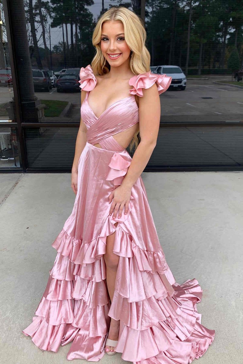 Cutout Ruffle A-line Long Prom Dresses with Slit