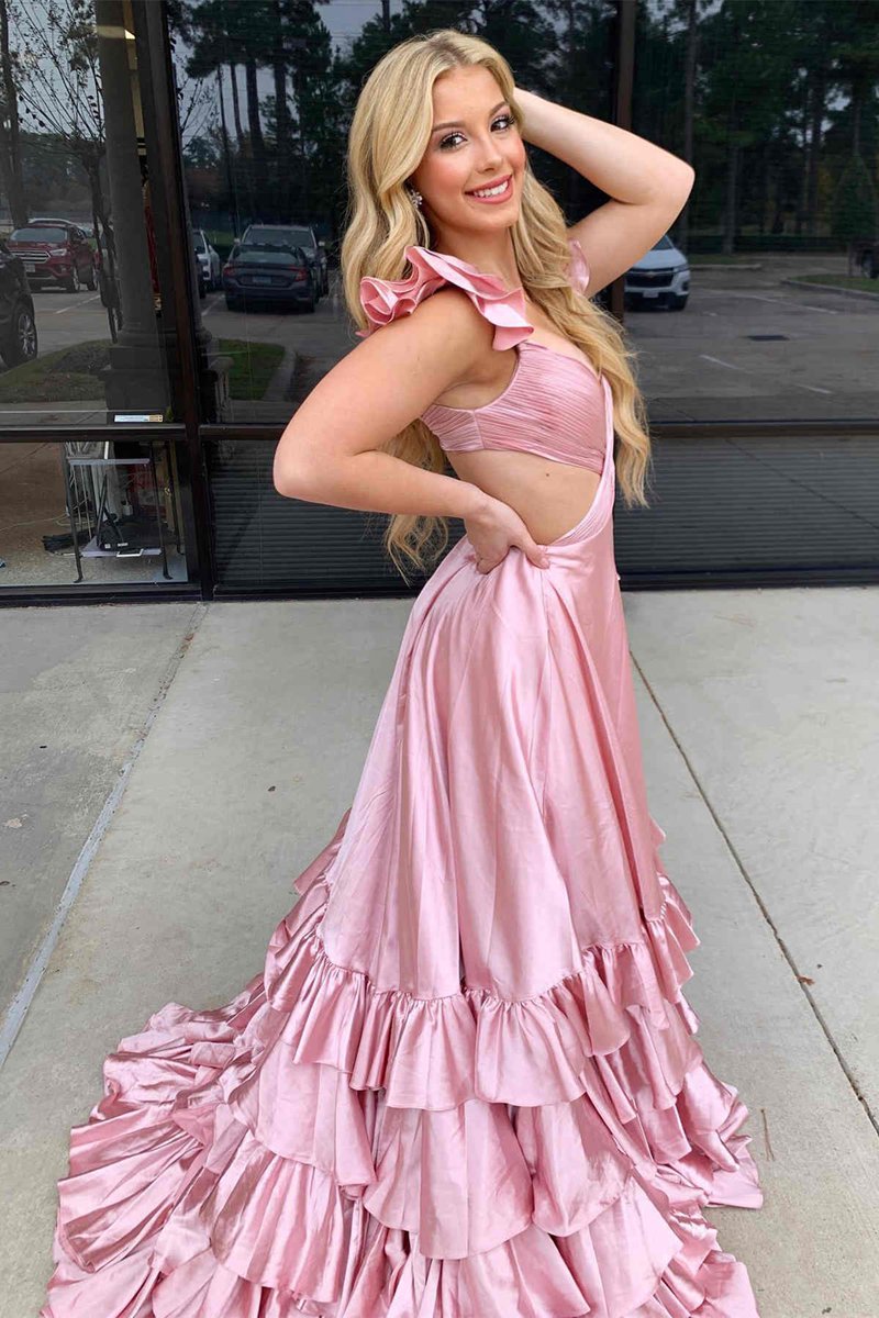 Cutout Ruffle A-line Long Prom Dresses with Slit