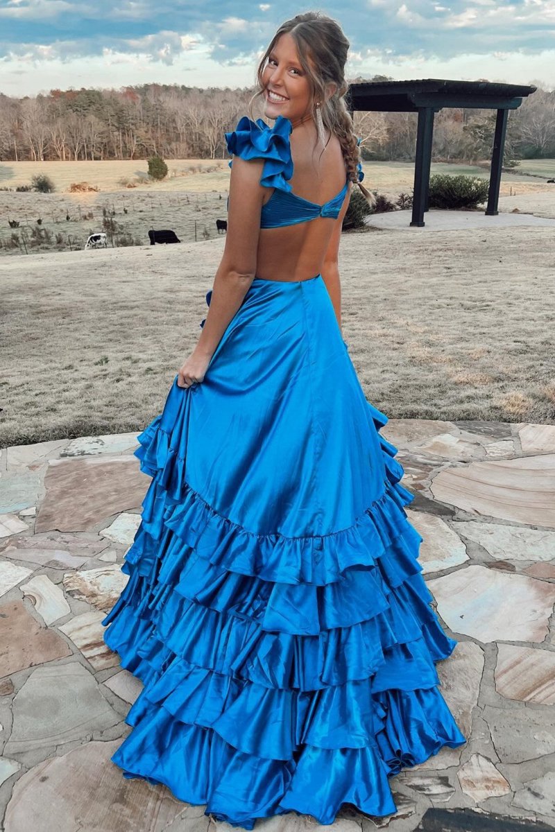 Cutout Ruffle A-line Long Prom Dresses with Slit