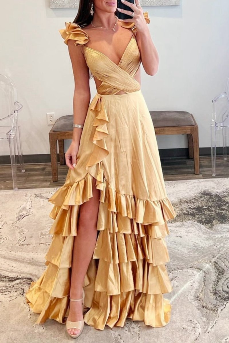 Cutout Ruffle A-line Long Prom Dresses with Slit
