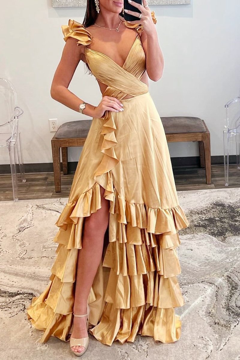 Cutout Ruffle A-line Long Prom Dresses with Slit