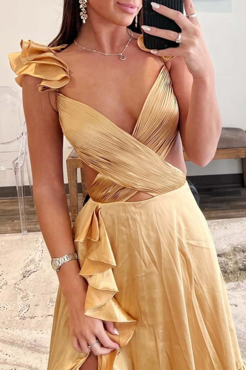 Cutout Ruffle A-line Long Prom Dresses with Slit