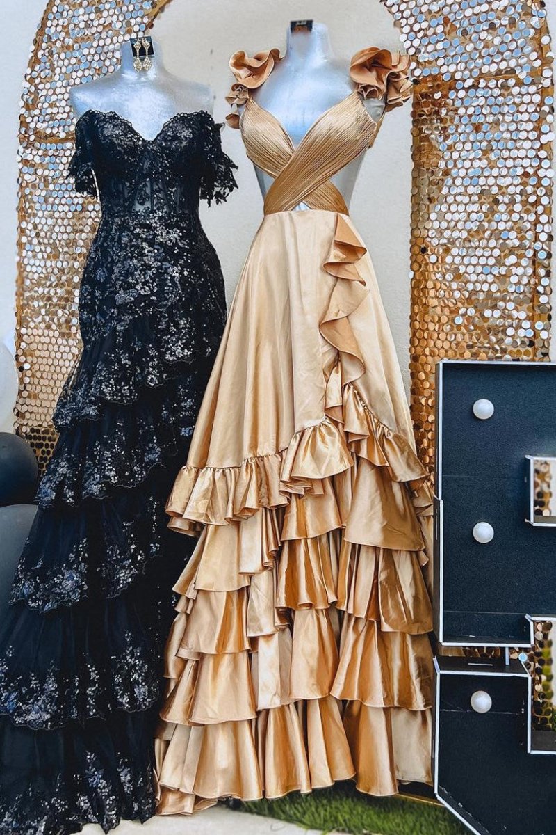 Cutout Ruffle A-line Long Prom Dresses with Slit
