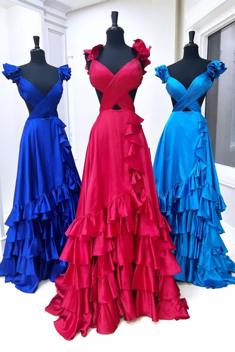 Cutout Ruffle A-line Long Prom Dresses with Slit