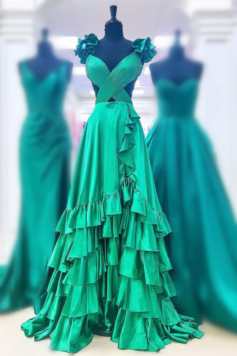 Cutout Ruffle A-line Long Prom Dresses with Slit