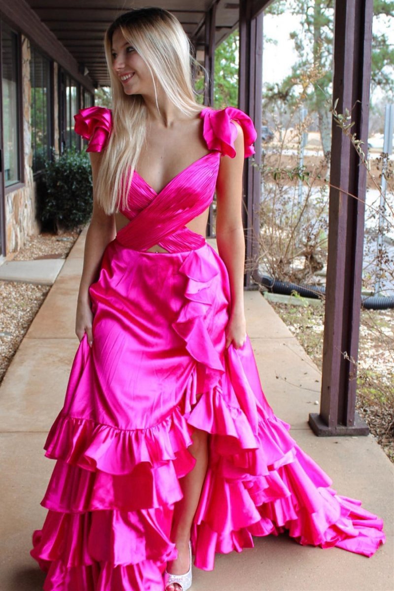Cutout Ruffle A-line Long Prom Dresses with Slit
