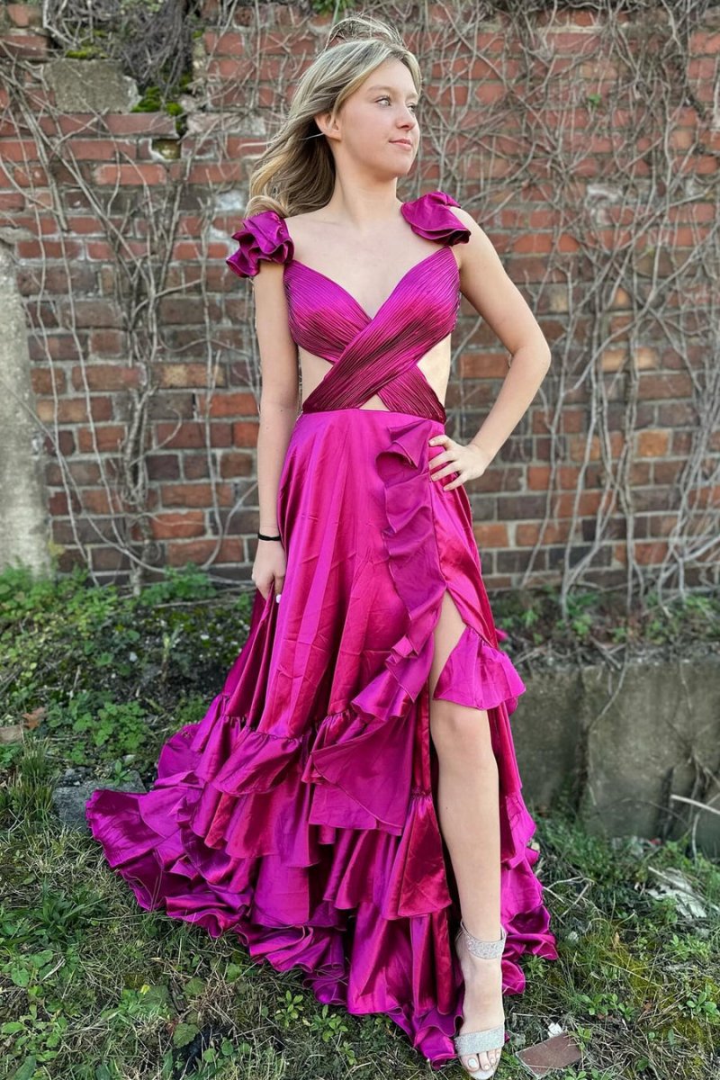 Cutout Ruffle A-line Long Prom Dresses with Slit