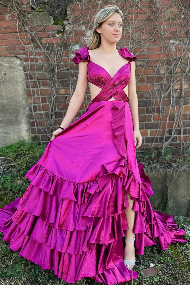 Cutout Ruffle A-line Long Prom Dresses with Slit