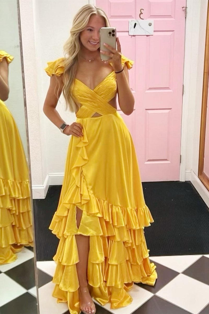 Cutout Ruffle A-line Long Prom Dresses with Slit