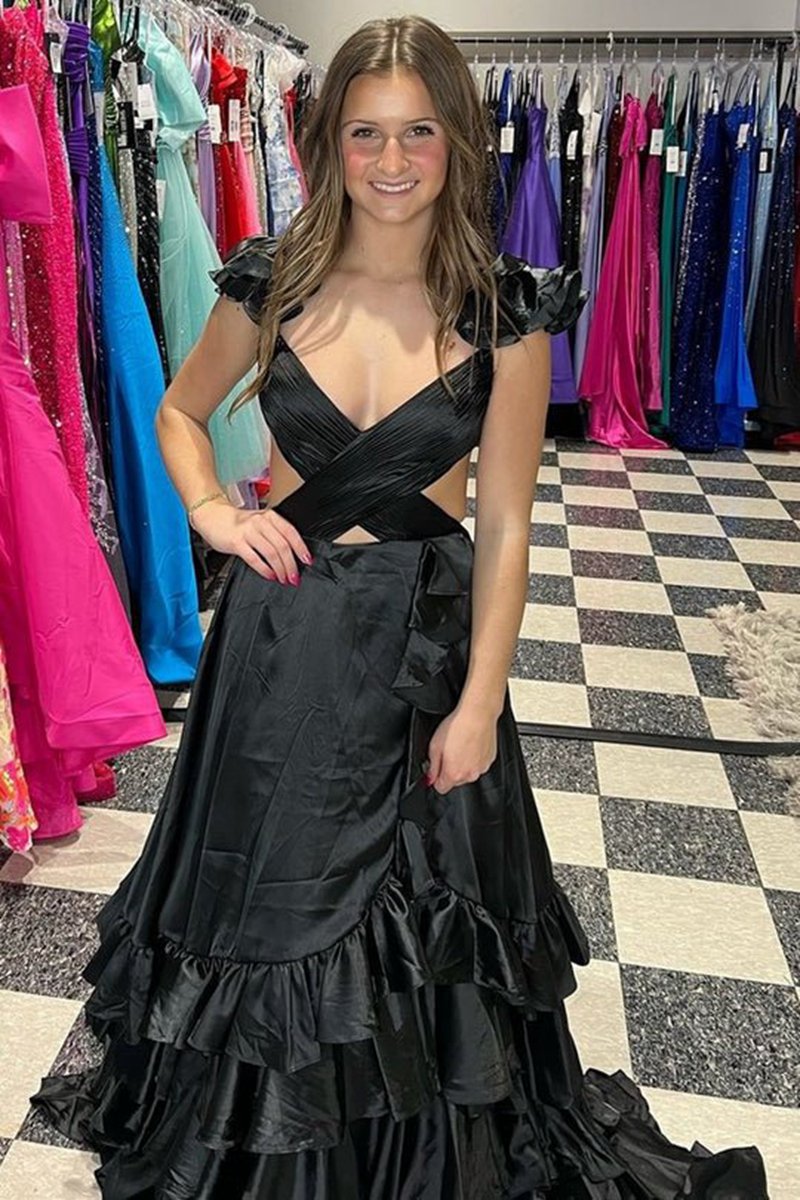 Cutout Ruffle A-line Long Prom Dresses with Slit