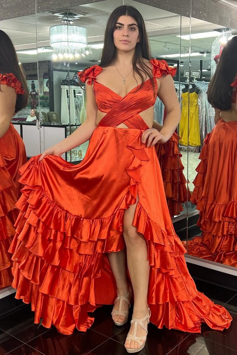 Cutout Ruffle A-line Long Prom Dresses with Slit