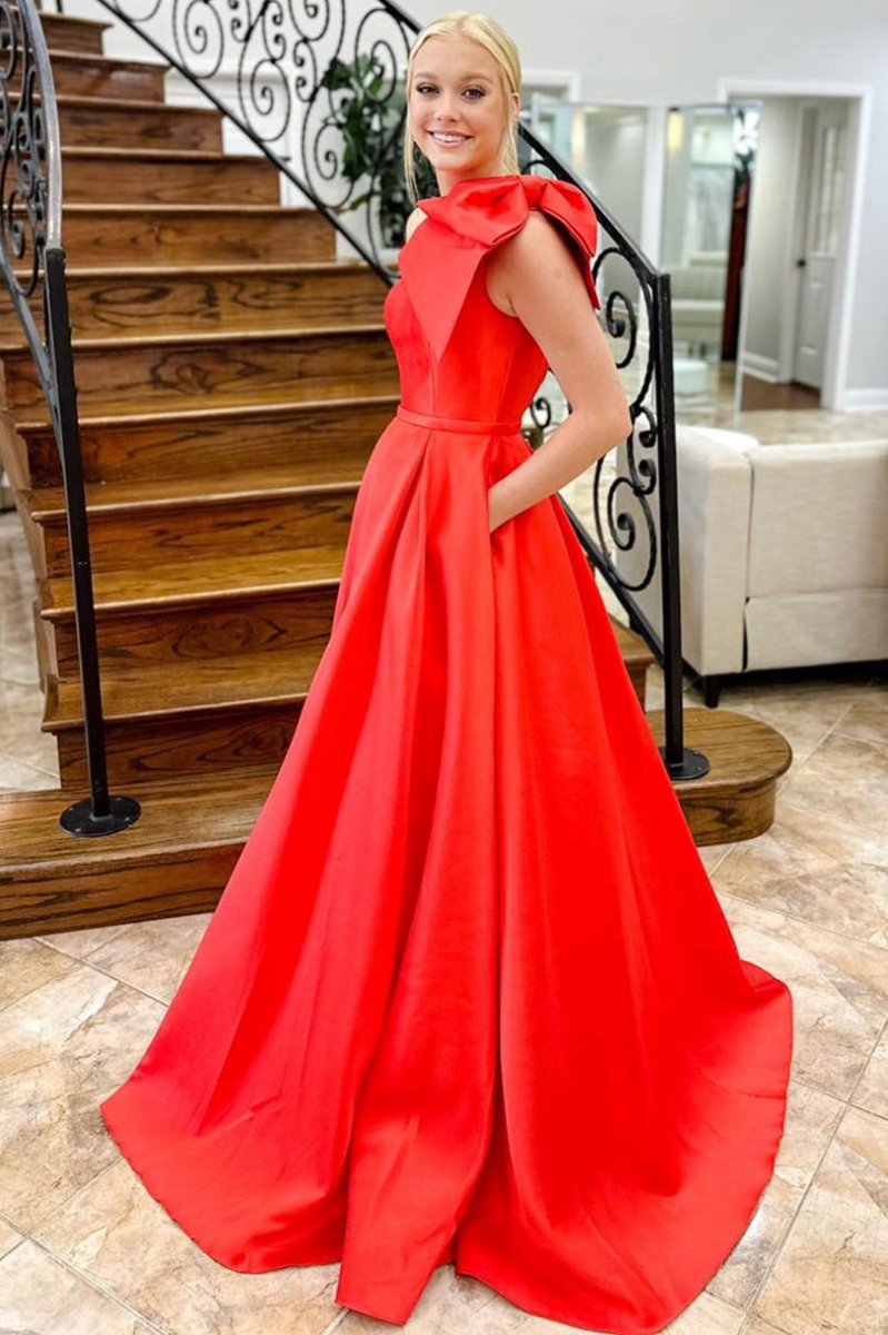 One Shoulder Bow Tie Satin Prom Dresses with Pockets