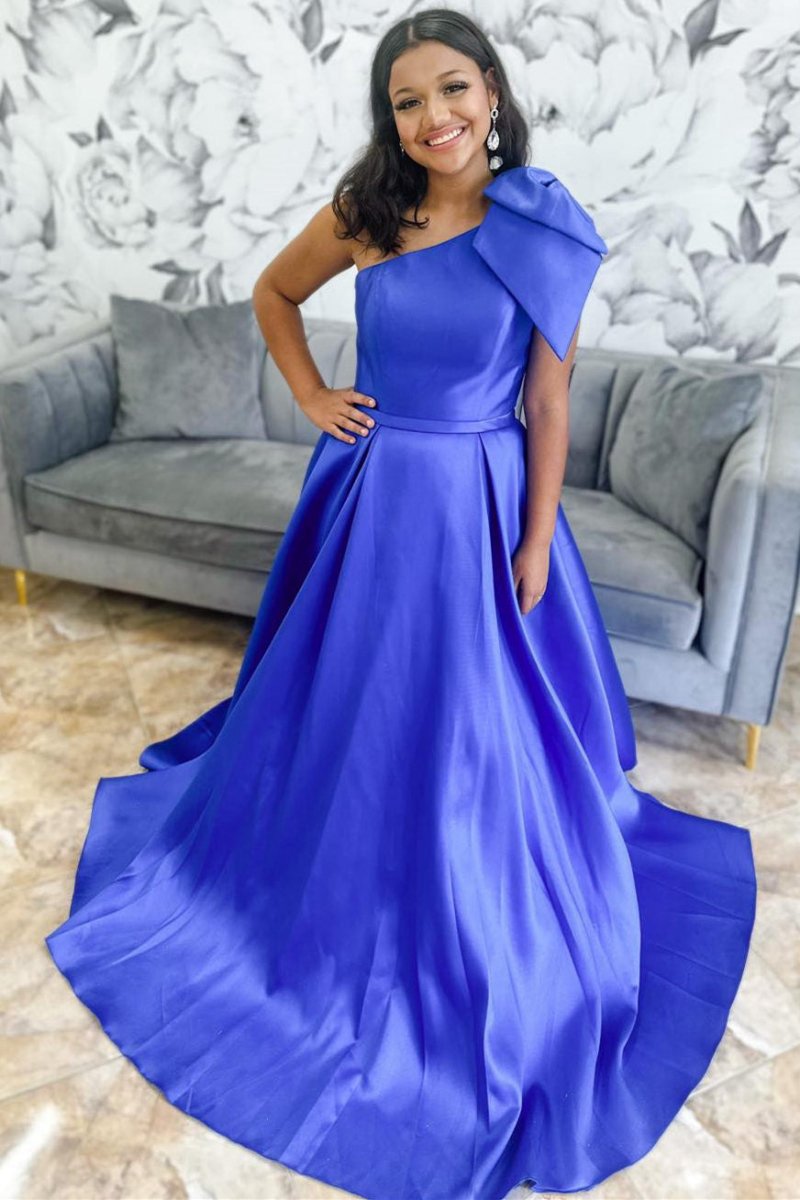One Shoulder Bow Tie Satin Prom Dresses with Pockets