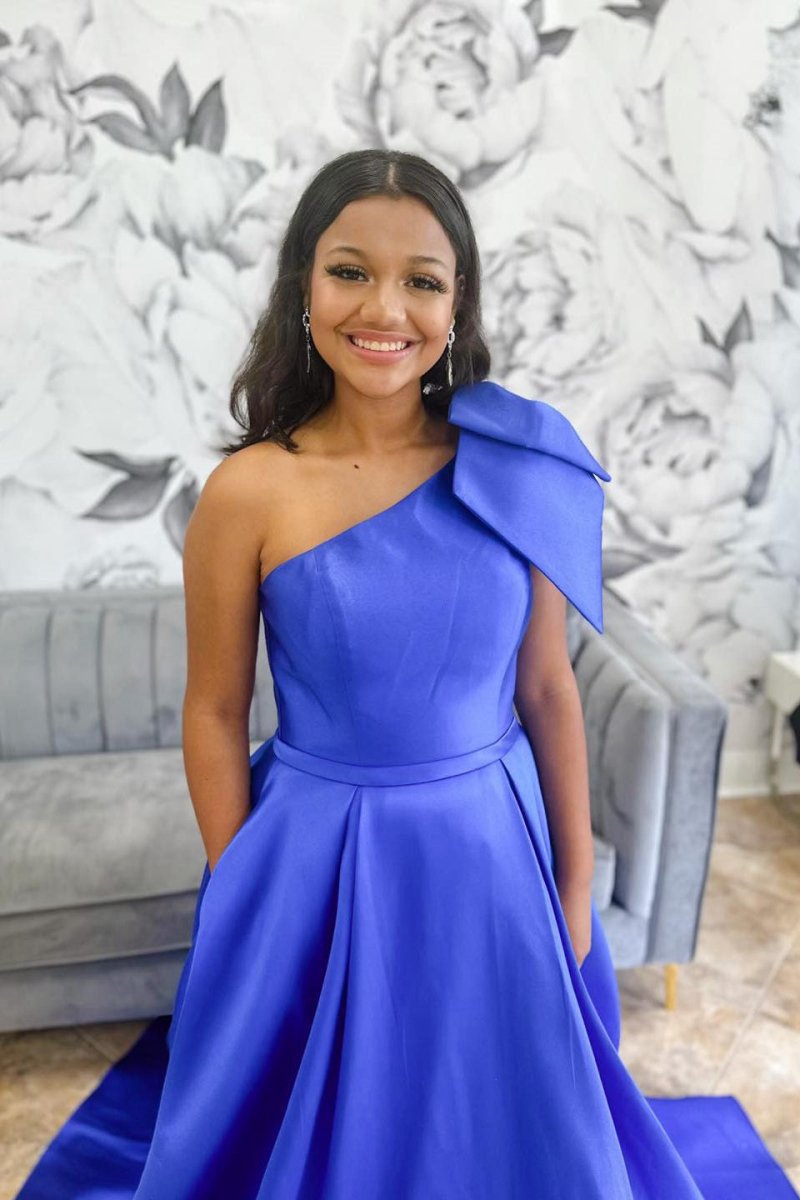 One Shoulder Bow Tie Satin Prom Dresses with Pockets