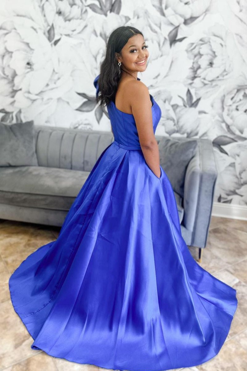 One Shoulder Bow Tie Satin Prom Dresses with Pockets