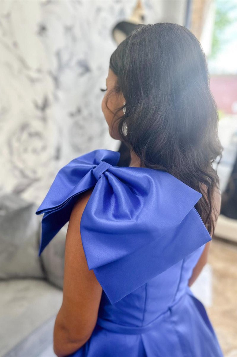 One Shoulder Bow Tie Satin Prom Dresses with Pockets