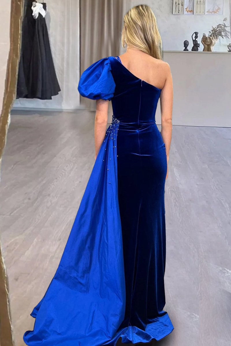 Velvet One-Shoulder Long Formal Dresses with Attached Train