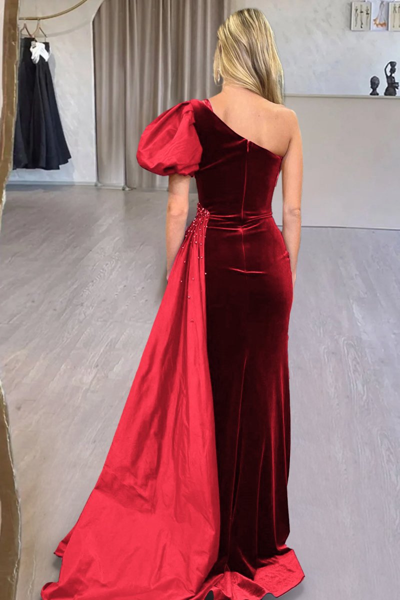 Velvet One-Shoulder Long Formal Dresses with Attached Train