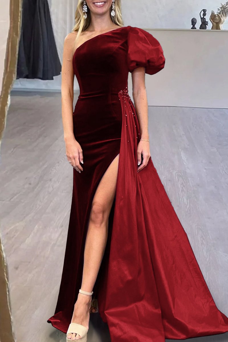 Velvet One-Shoulder Long Formal Dresses with Attached Train