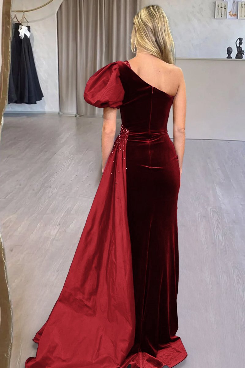 Velvet One-Shoulder Long Formal Dresses with Attached Train