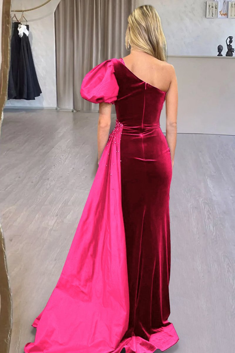 Velvet One-Shoulder Long Formal Dresses with Attached Train