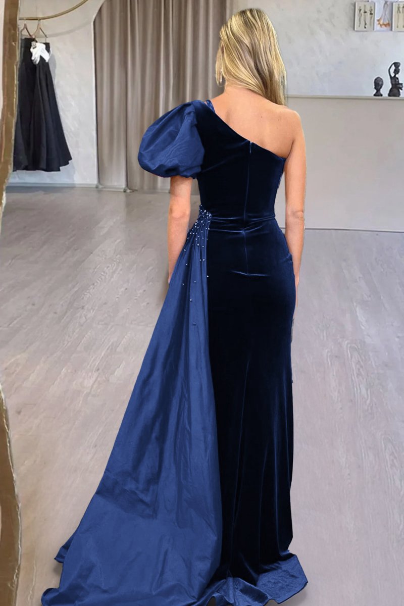 Velvet One-Shoulder Long Formal Dresses with Attached Train