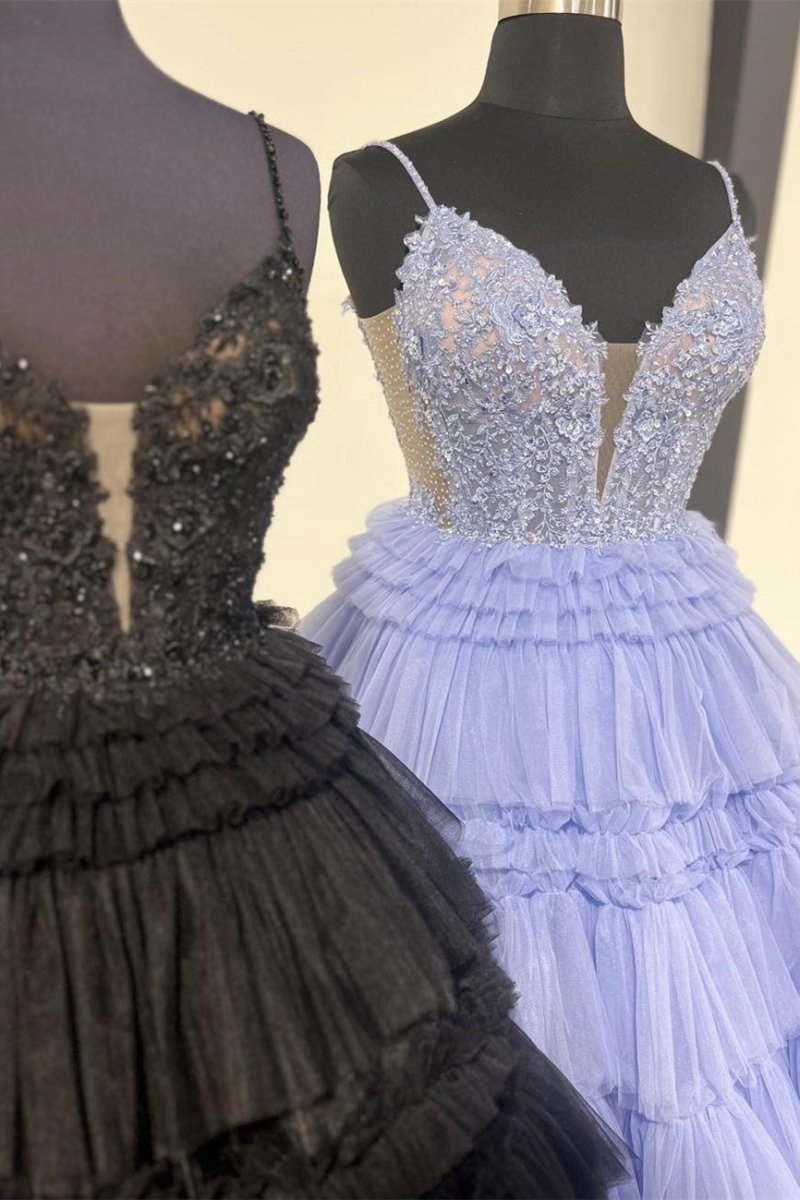 Beaded Spaghetti Strap Ruffle Tie Ball Gown