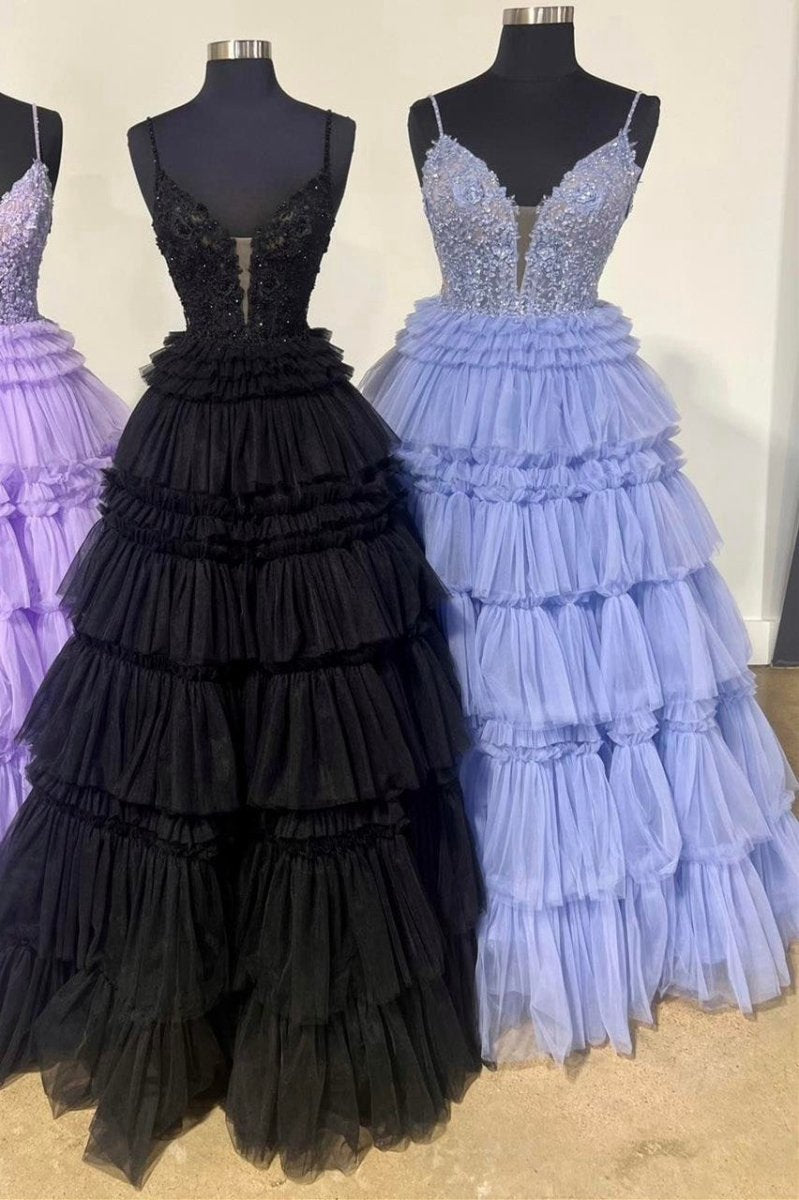 Beaded Spaghetti Strap Ruffle Tie Ball Gown
