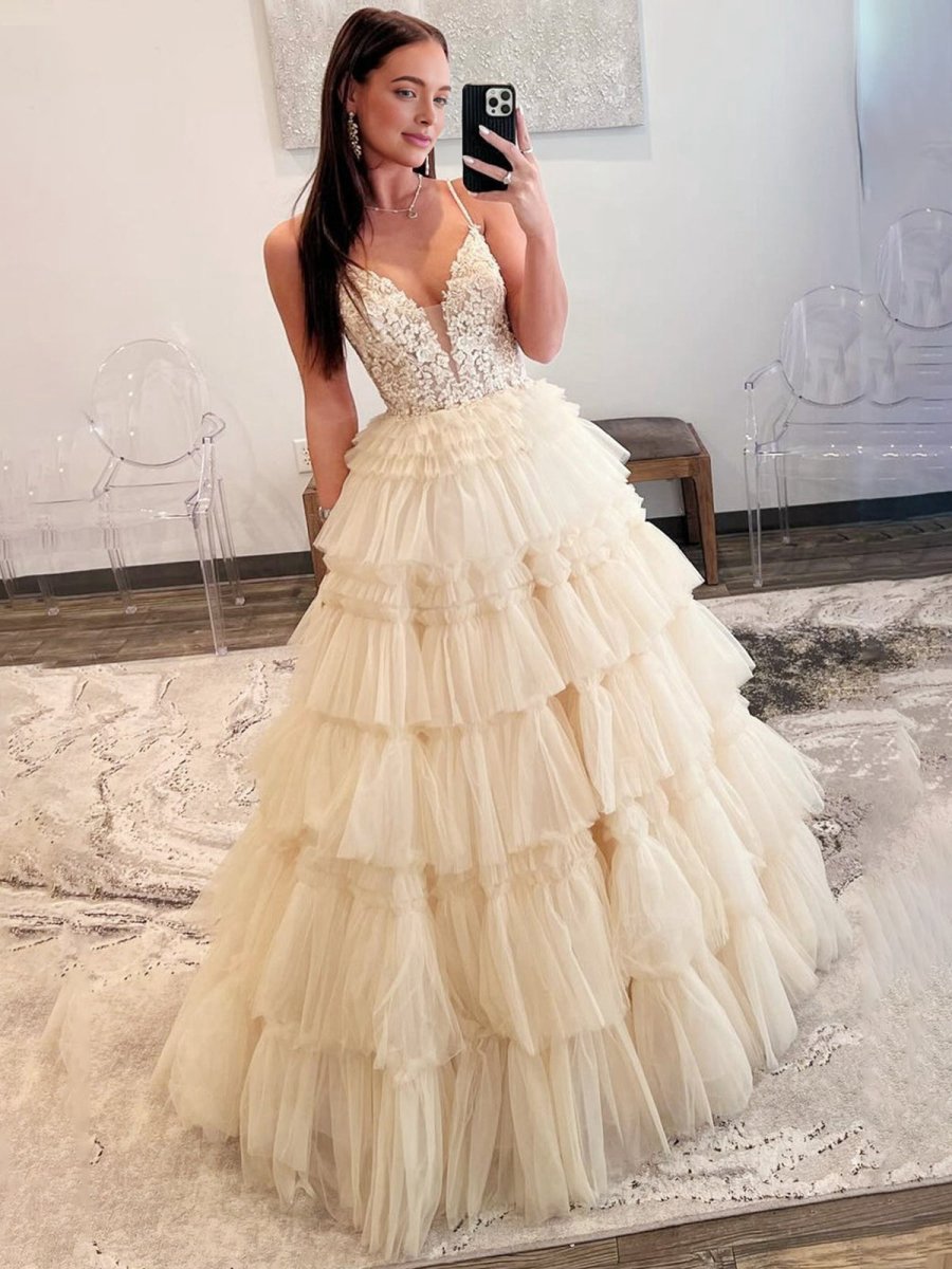 Beaded Spaghetti Strap Ruffle Tie Ball Gown