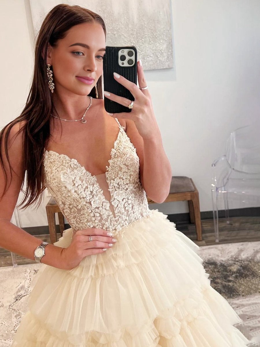 Beaded Spaghetti Strap Ruffle Tie Ball Gown