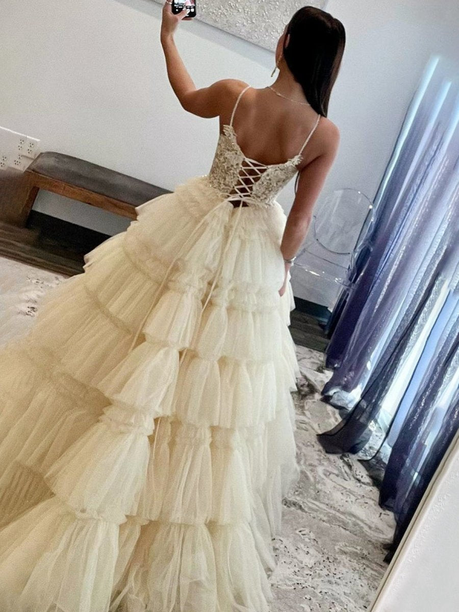Beaded Spaghetti Strap Ruffle Tie Ball Gown
