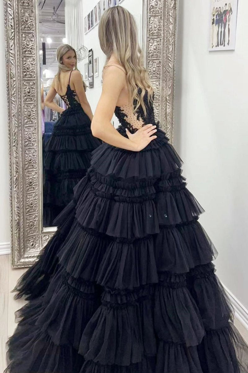 Beaded Spaghetti Strap Ruffle Tie Ball Gown