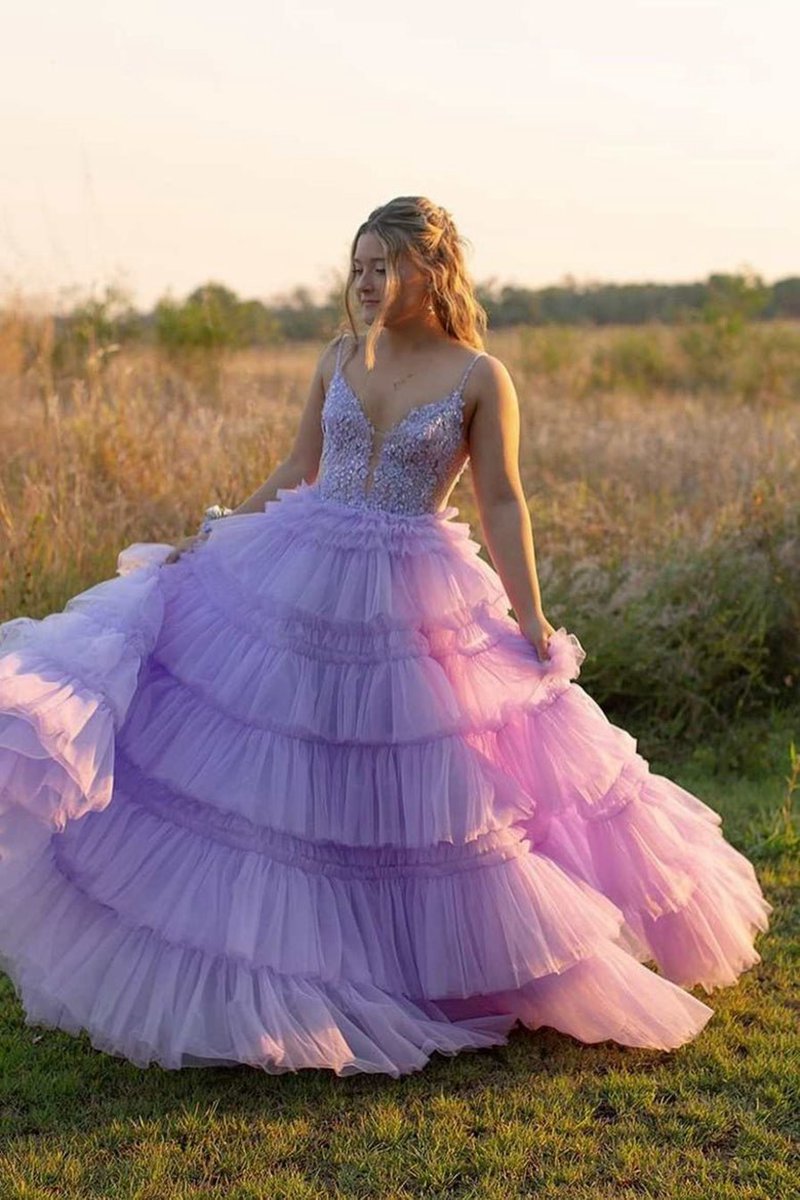 Beaded Spaghetti Strap Ruffle Tie Ball Gown