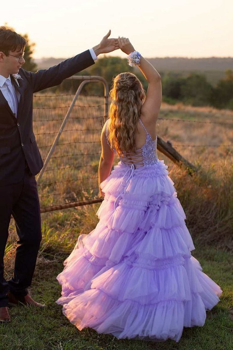 Beaded Spaghetti Strap Ruffle Tie Ball Gown