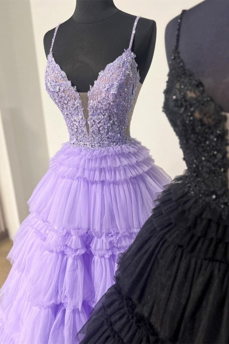Beaded Spaghetti Strap Ruffle Tie Ball Gown