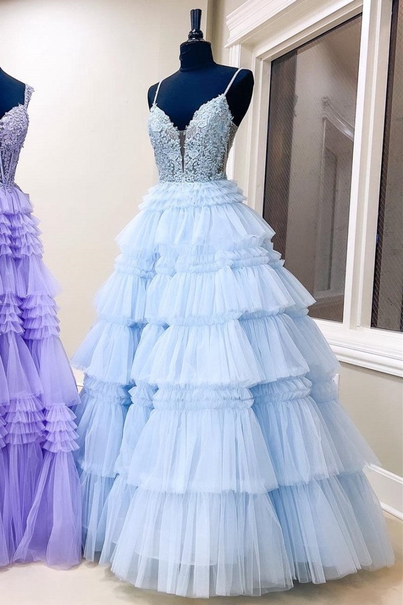Beaded Spaghetti Strap Ruffle Tie Ball Gown