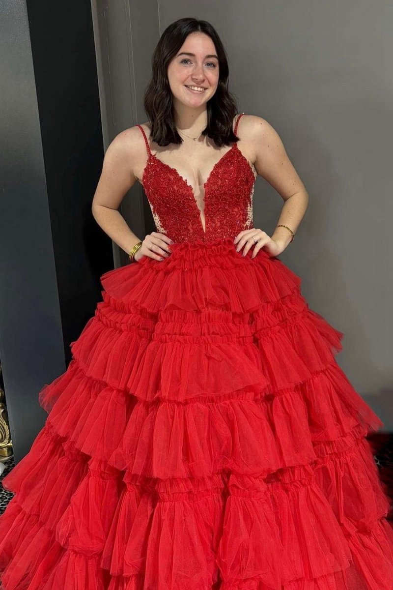 Beaded Spaghetti Strap Ruffle Tie Ball Gown