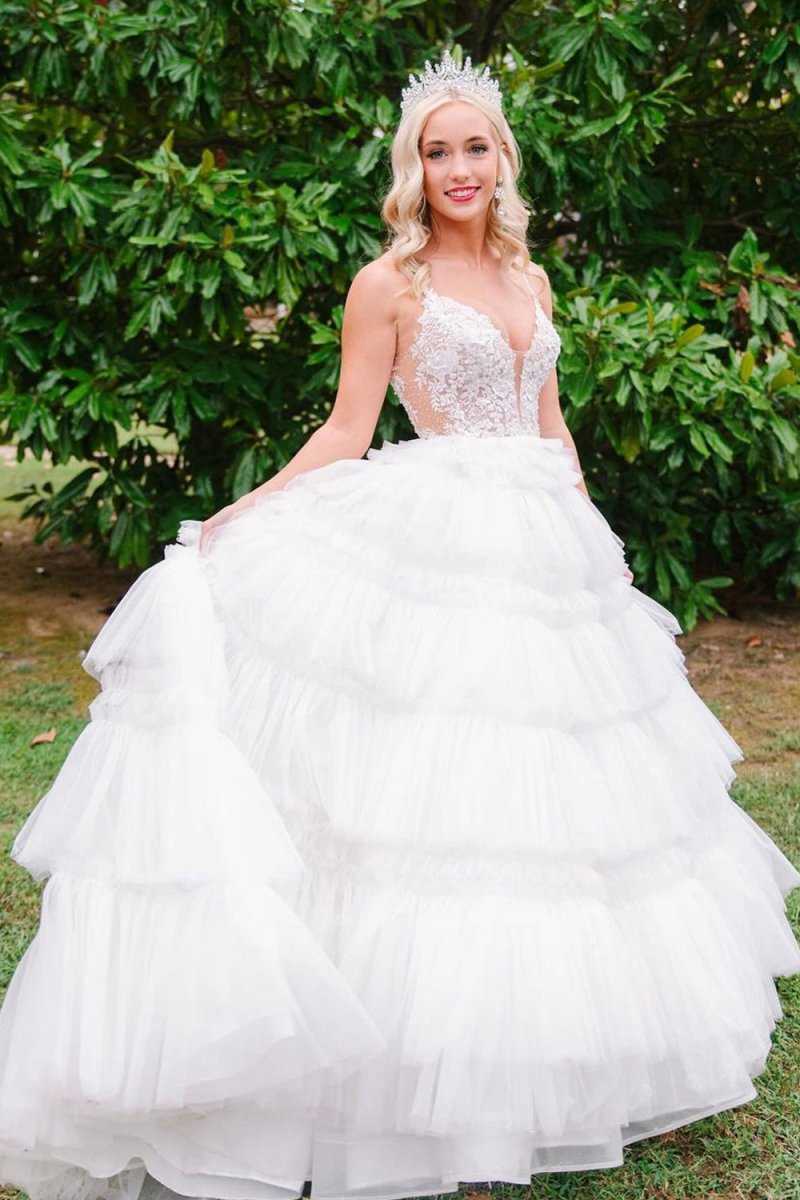 Beaded Spaghetti Strap Ruffle Tie Ball Gown