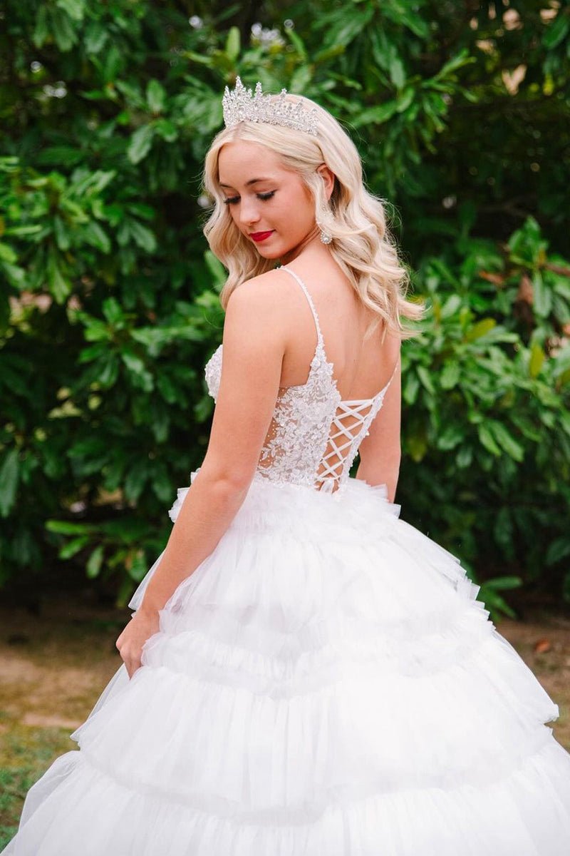 Beaded Spaghetti Strap Ruffle Tie Ball Gown