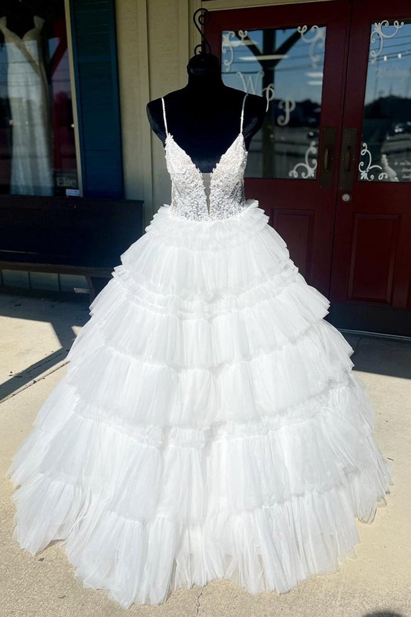 Beaded Spaghetti Strap Ruffle Tie Ball Gown