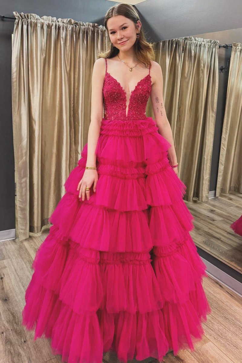 Beaded Spaghetti Strap Ruffle Tie Ball Gown