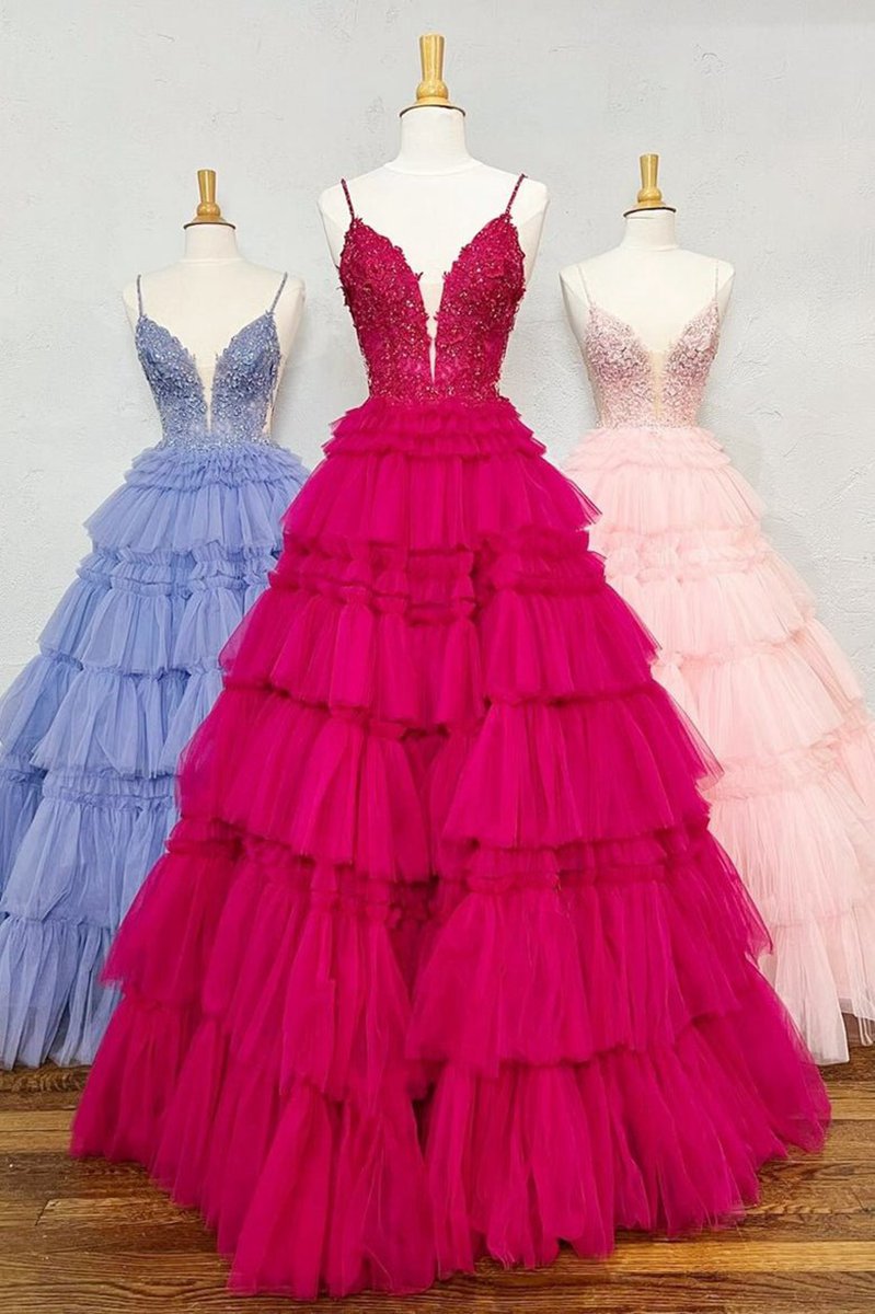 Beaded Spaghetti Strap Ruffle Tie Ball Gown